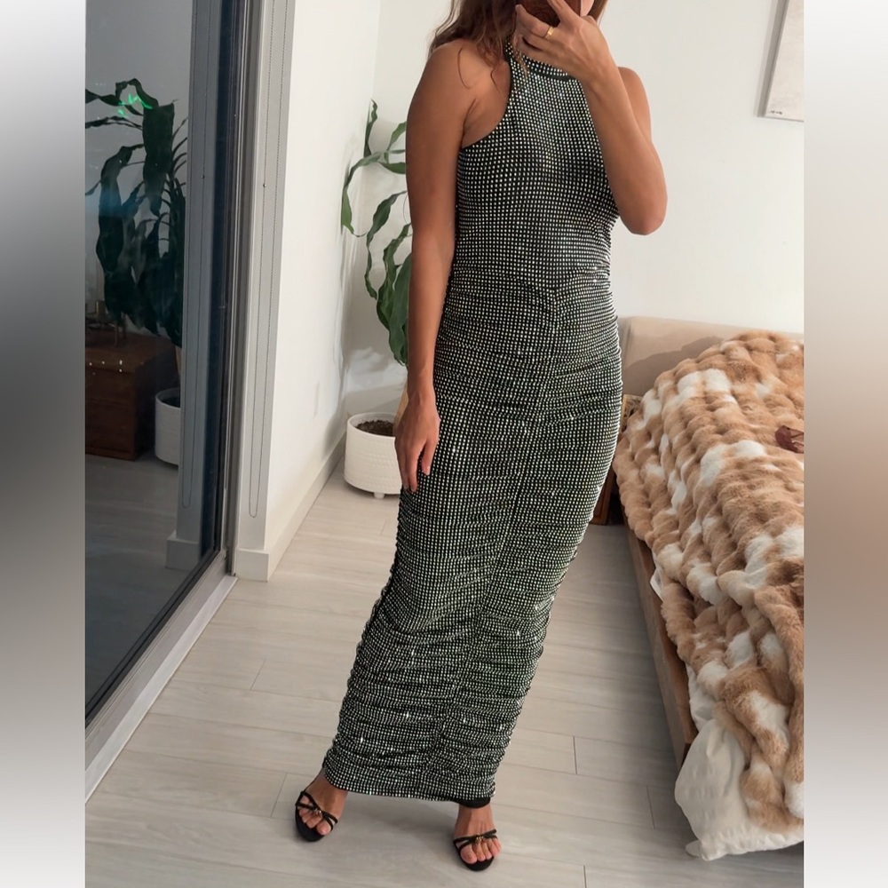 New!!! Black Silver Crystals Beaded Halter Maxi Dress